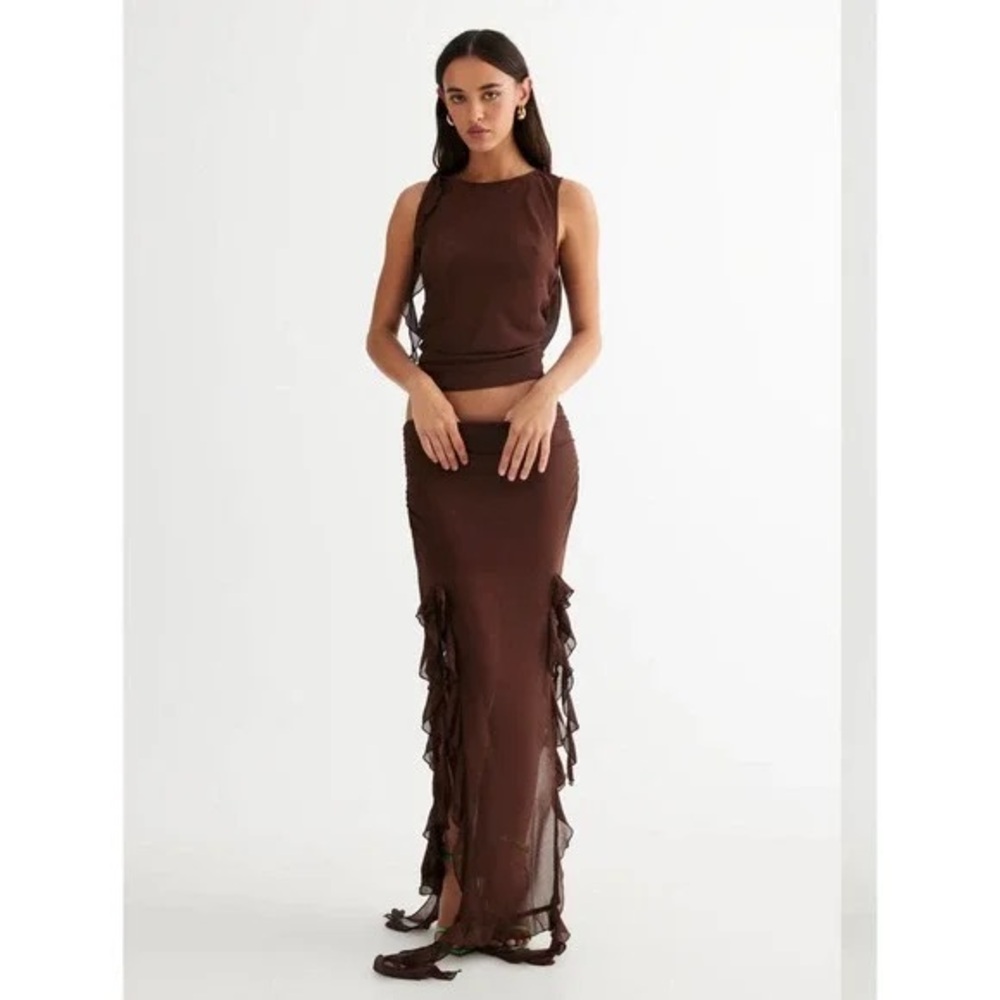LIONESS “Rendezvous” Sheer Ruffle Maxi Skirt in Chocolate S